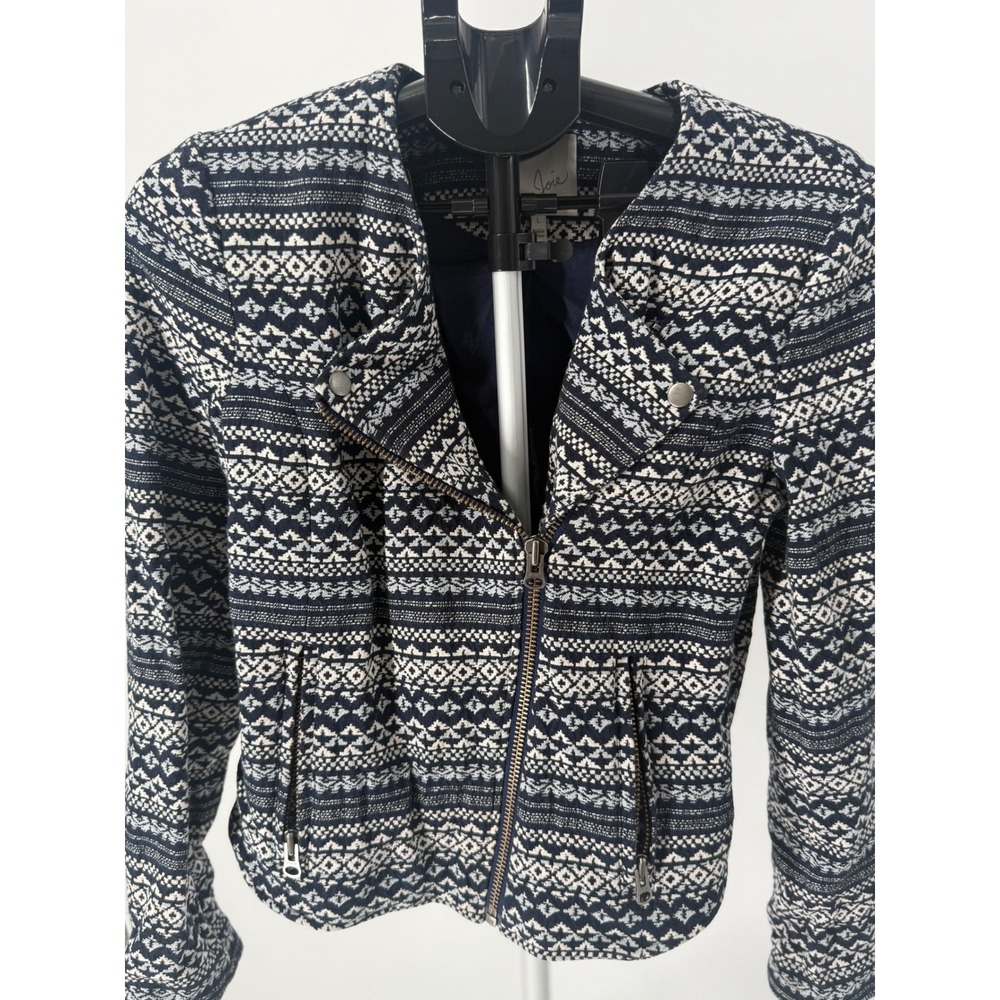 Joie Navy White Geometric Jacquard Moto Jacket Cotton Blend Women's L Runs Small